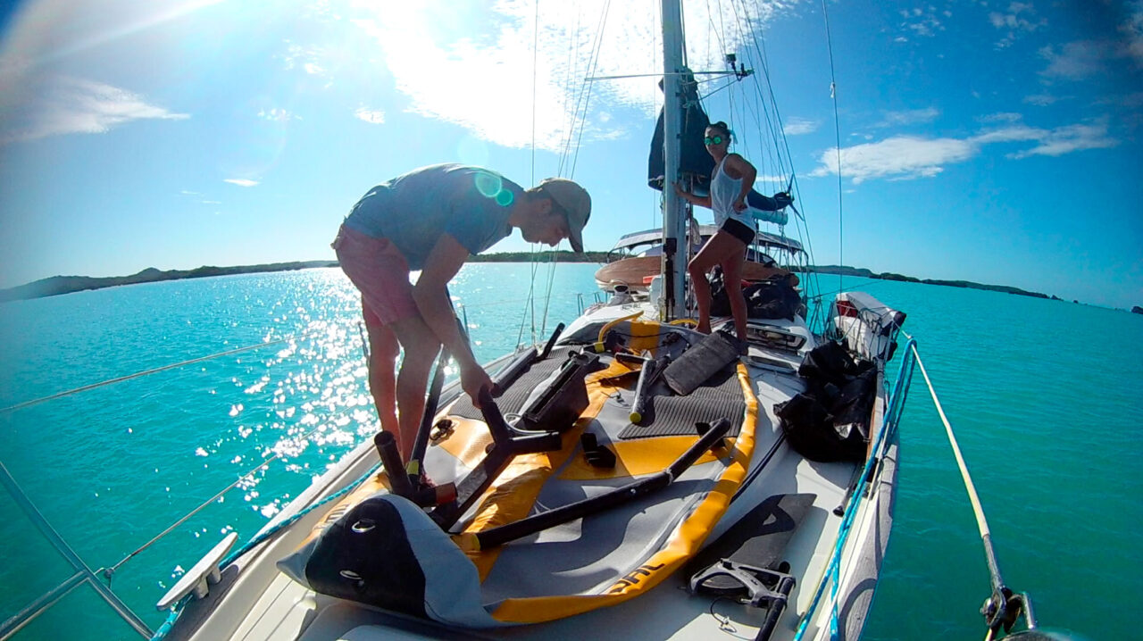Tiwal inflatable sailboat on a Beneteau 43 yacht