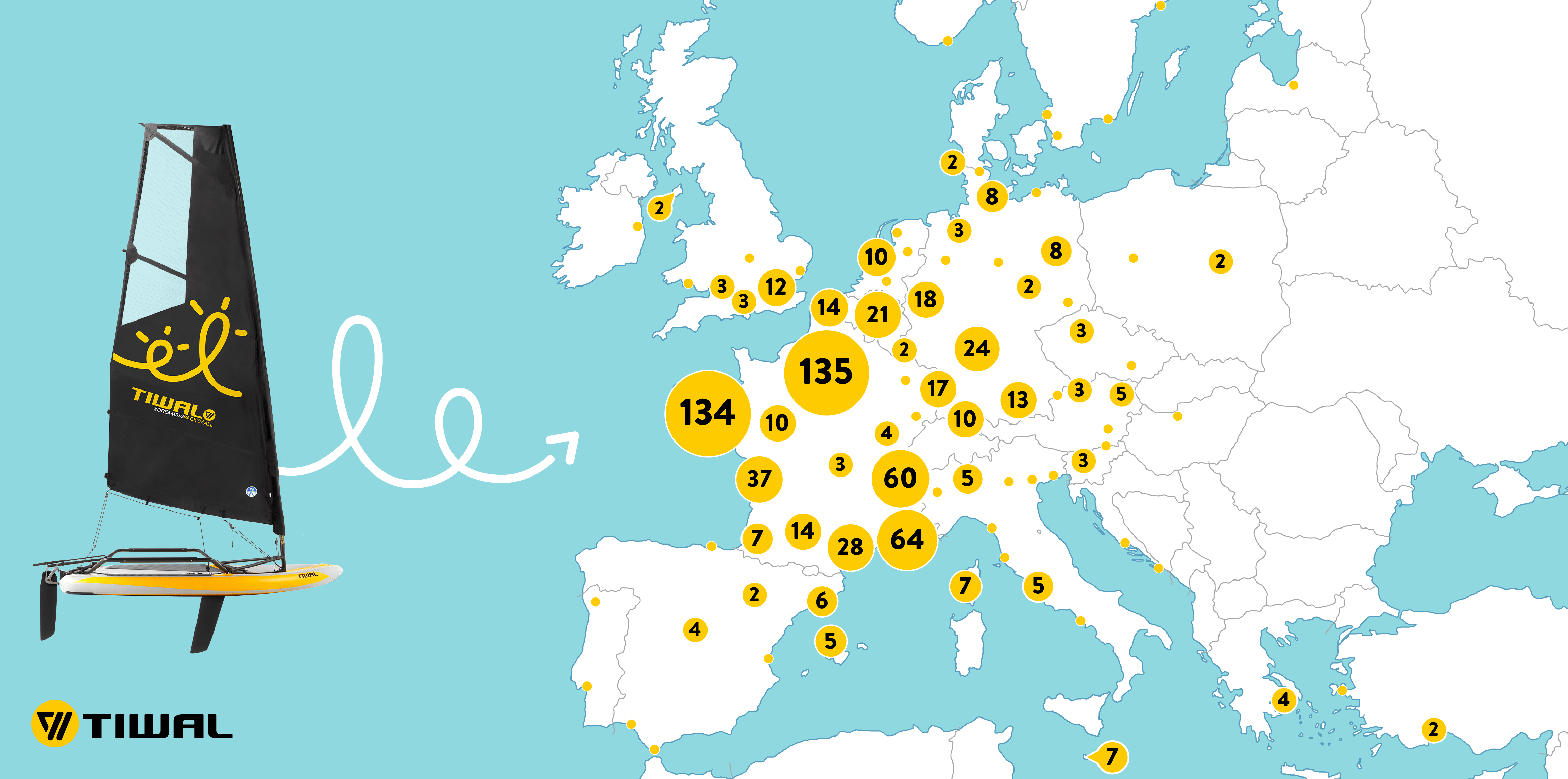 Karte von Tiwal Aufblasbare Segeljollen in Europa