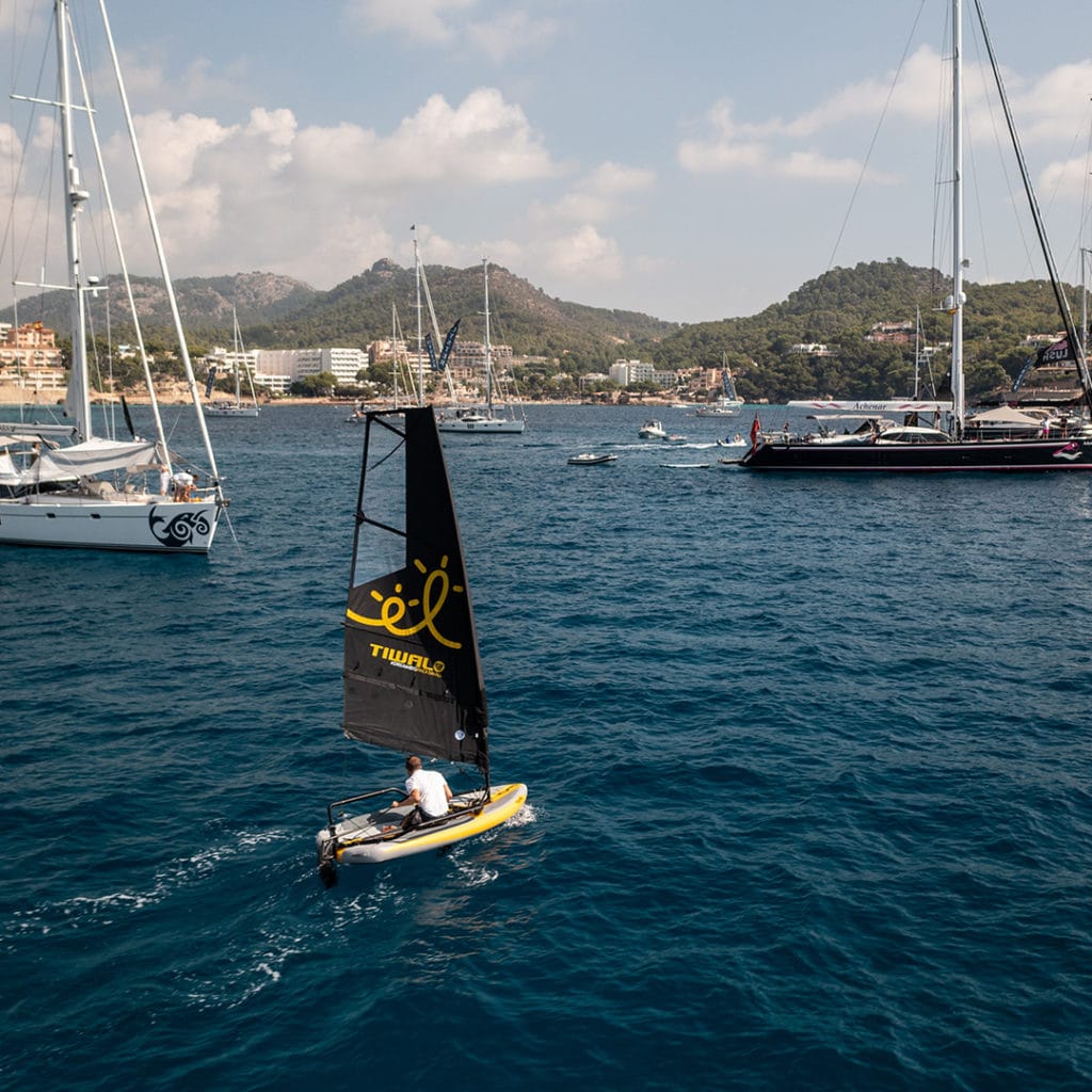 Tiwal 3 inflatable sailboat off Palma de Mallorca's coast