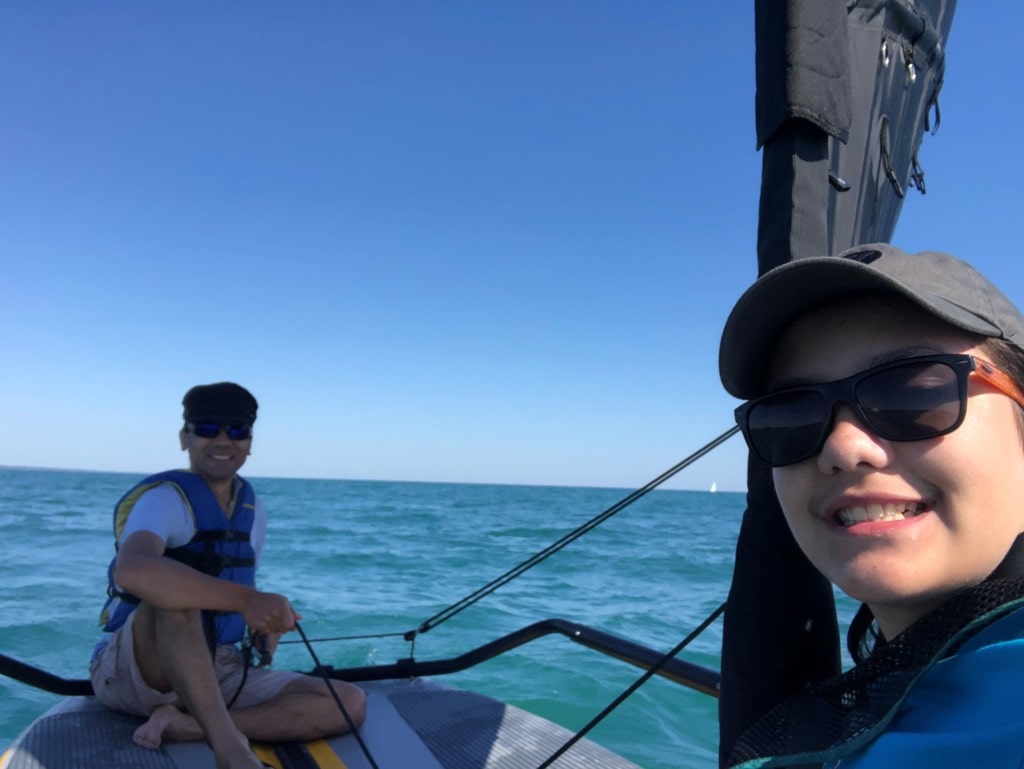 Inflatable sailboat on Lake Michigan