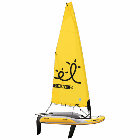 Inflatable small sailboat Tiwal 2 with yellow furling sail