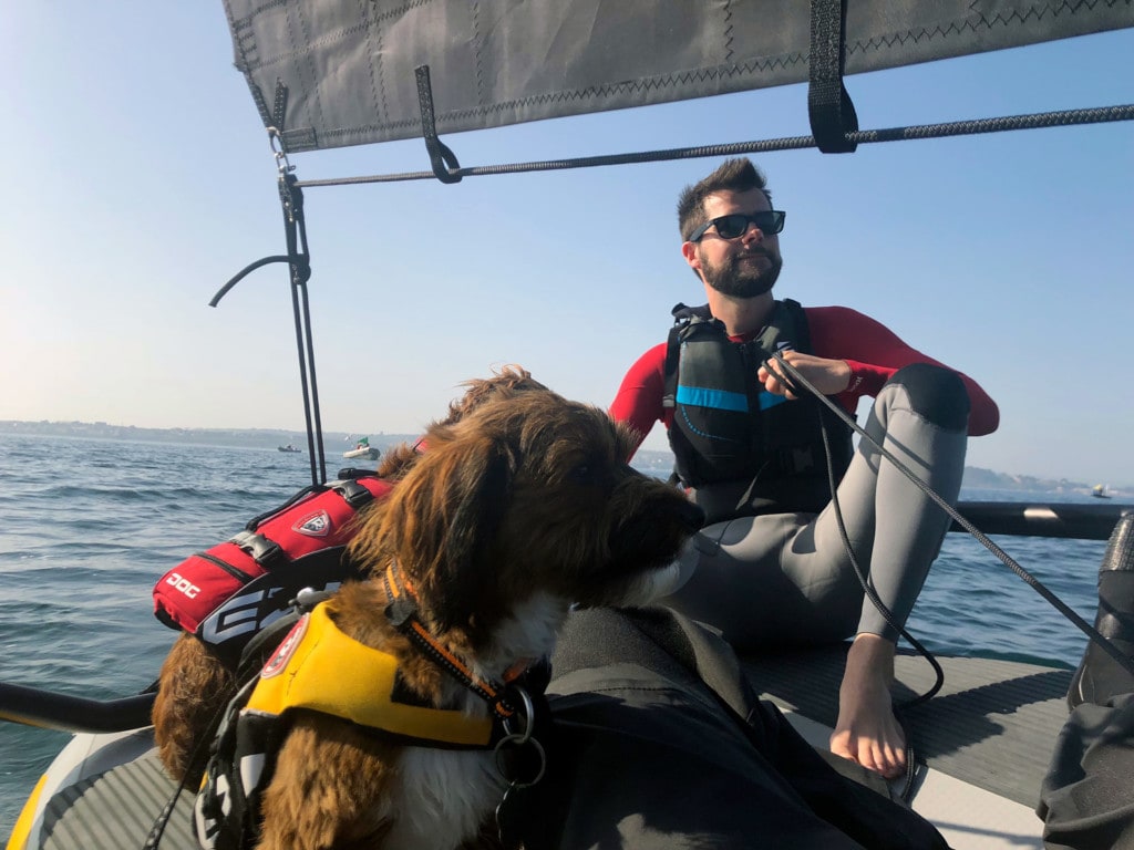 Hund an Bord eines Segelbootes