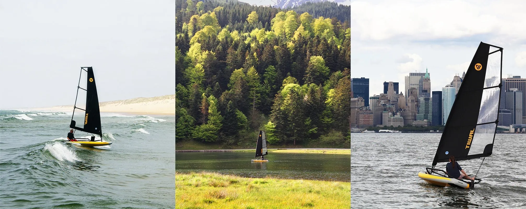 Dinghy sailing in lake sea and city