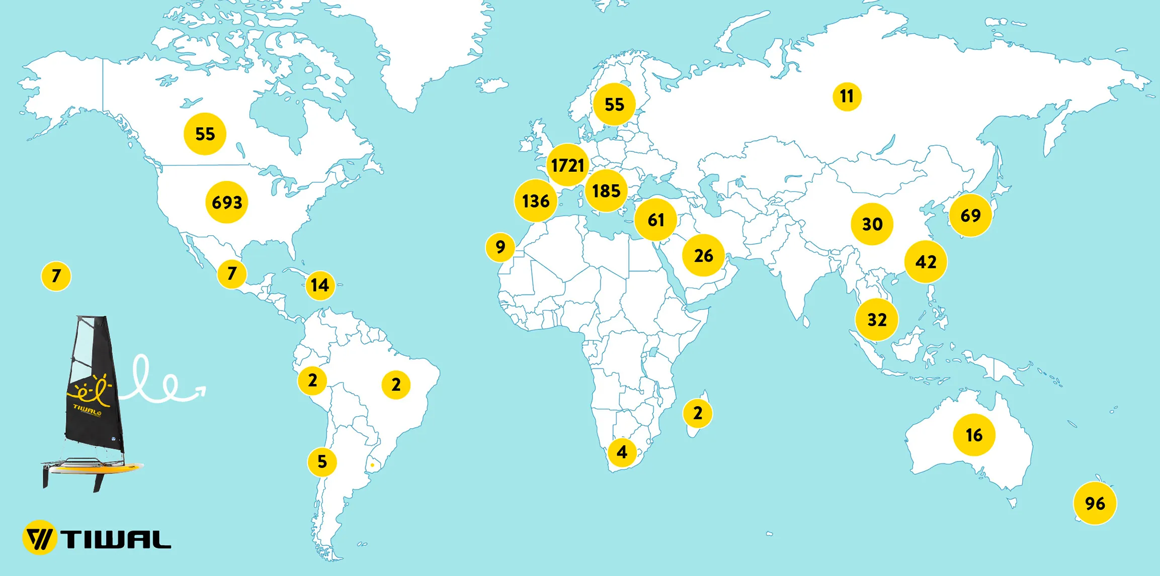 Carte des propriétaires de voiliers Tiwal à travers le monde