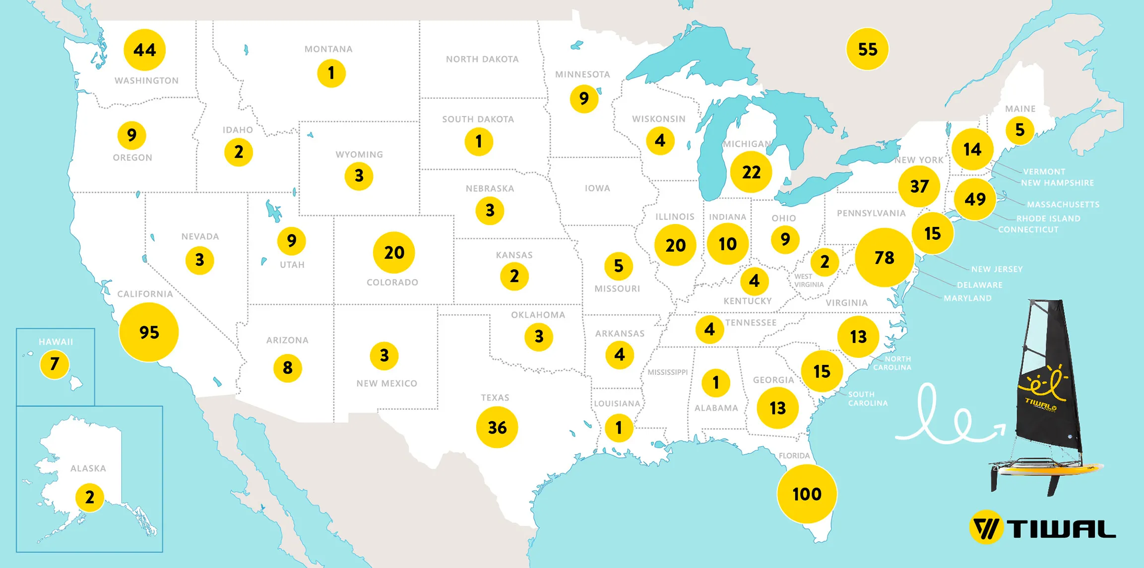 Carte des propriétaires de dériveurs Tiwal aux États-Unis