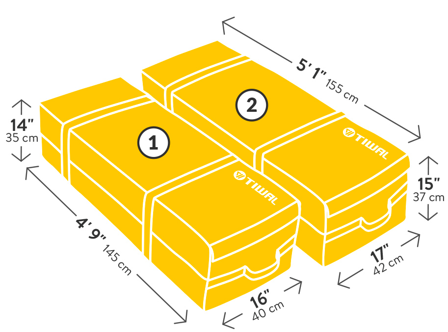 Transports bags dimensions and weight for the Tiwal 2XL family sailboat